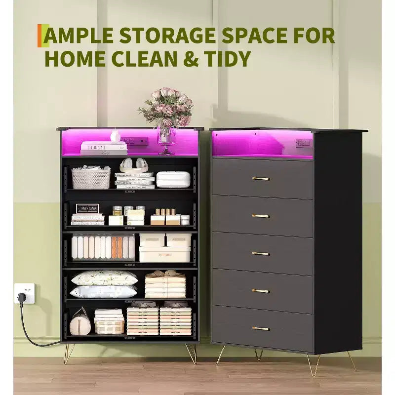 Commode 5 tiroirs pour chambre à coucher, commode haute en bois 53" avec lumières et station de charge, armoire de rangement pour salon et placard