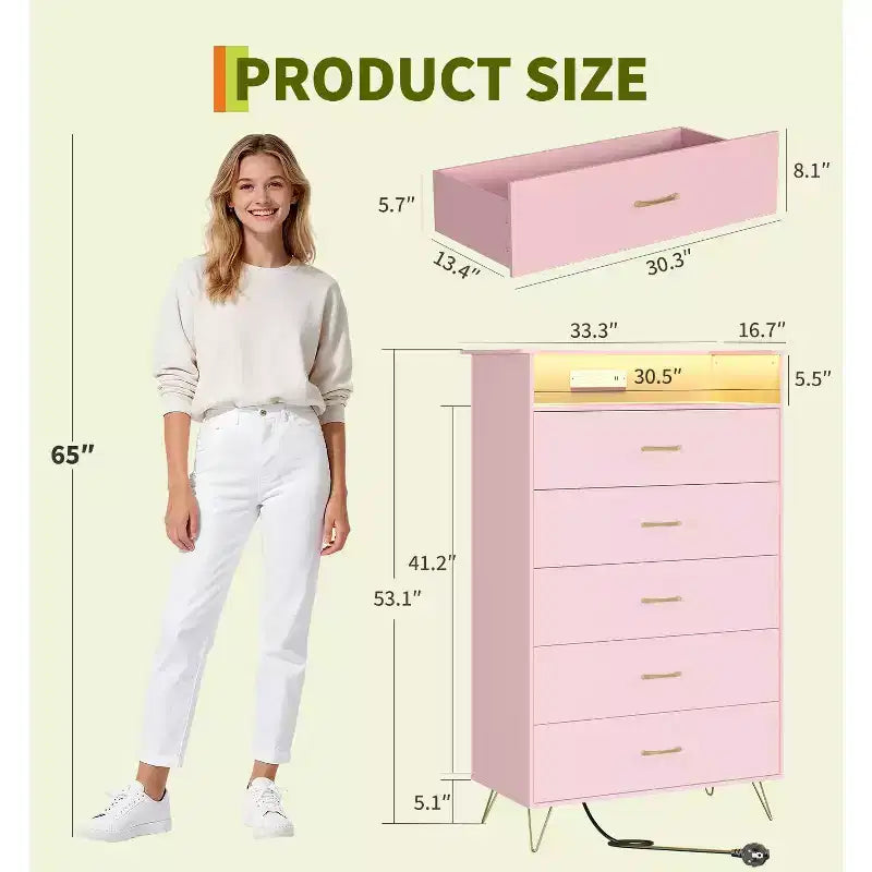 Commode 5 tiroirs pour chambre à coucher, commode haute en bois 53" avec lumières et station de charge, armoire de rangement pour salon et placard