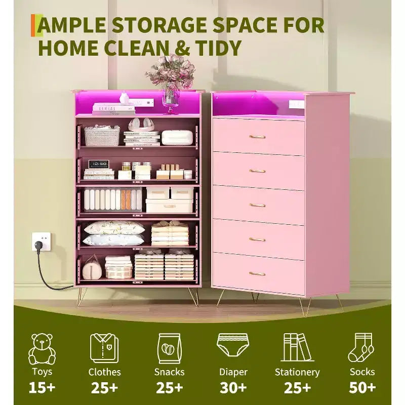 Commode 5 tiroirs pour chambre à coucher, commode haute en bois 53" avec lumières et station de charge, armoire de rangement pour salon et placard