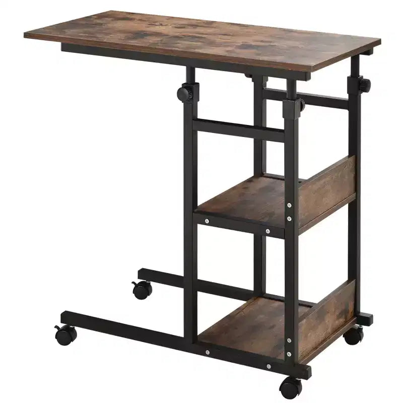 Industrial C-Shaped Mobile Rolling Sofa Side Table with 3-Tier Storage Shelving, Adjustable Height