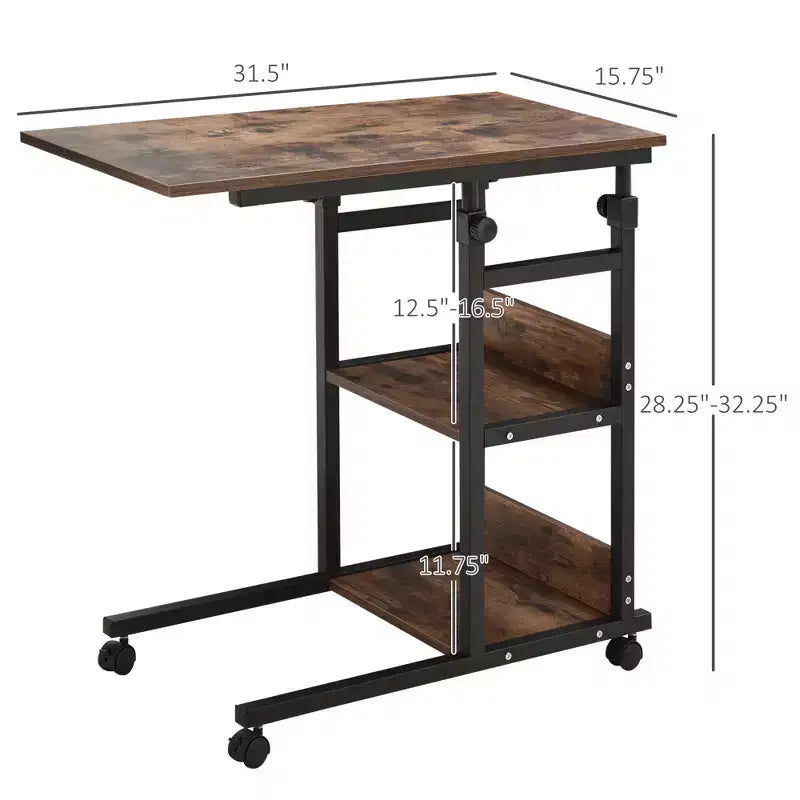 Table d'appoint industrielle mobile en C pour canapé avec 3 étagères de rangement, hauteur réglable