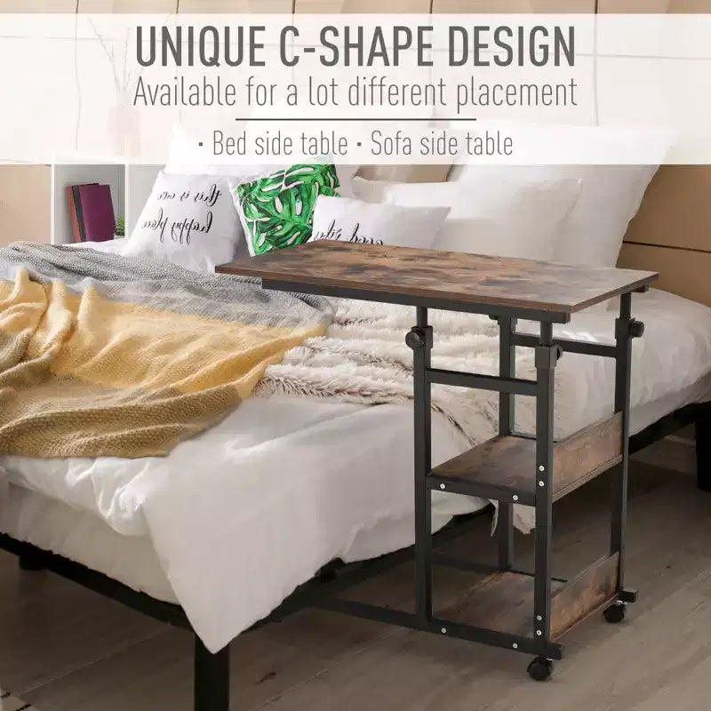 Table d'appoint industrielle mobile en C pour canapé avec 3 étagères de rangement, hauteur réglable
