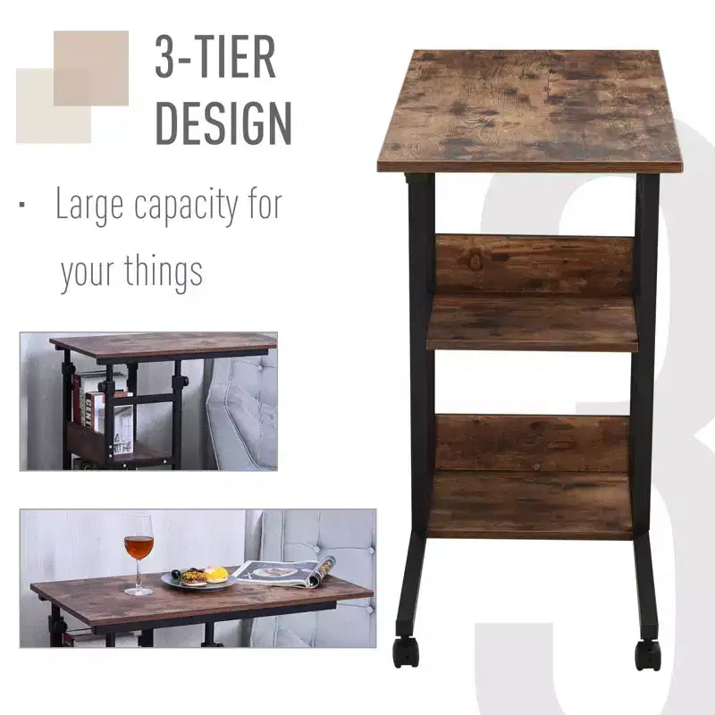 Table d'appoint industrielle mobile en C pour canapé avec 3 étagères de rangement, hauteur réglable
