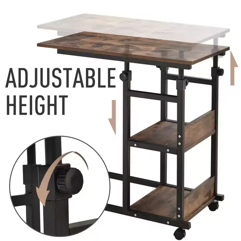Table d'appoint industrielle mobile en C pour canapé avec 3 étagères de rangement, hauteur réglable
