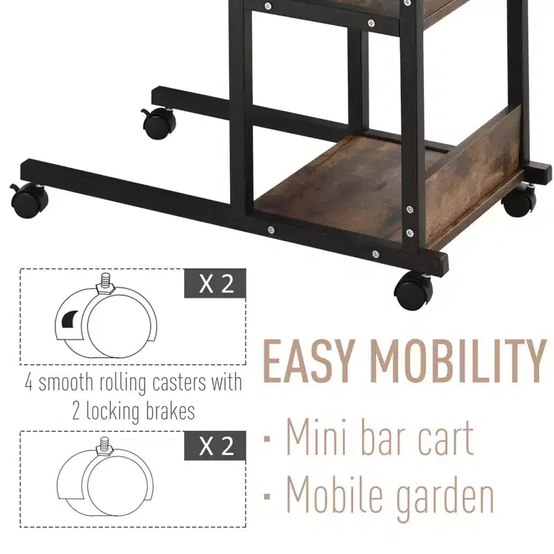 Table d'appoint industrielle mobile en C pour canapé avec 3 étagères de rangement, hauteur réglable