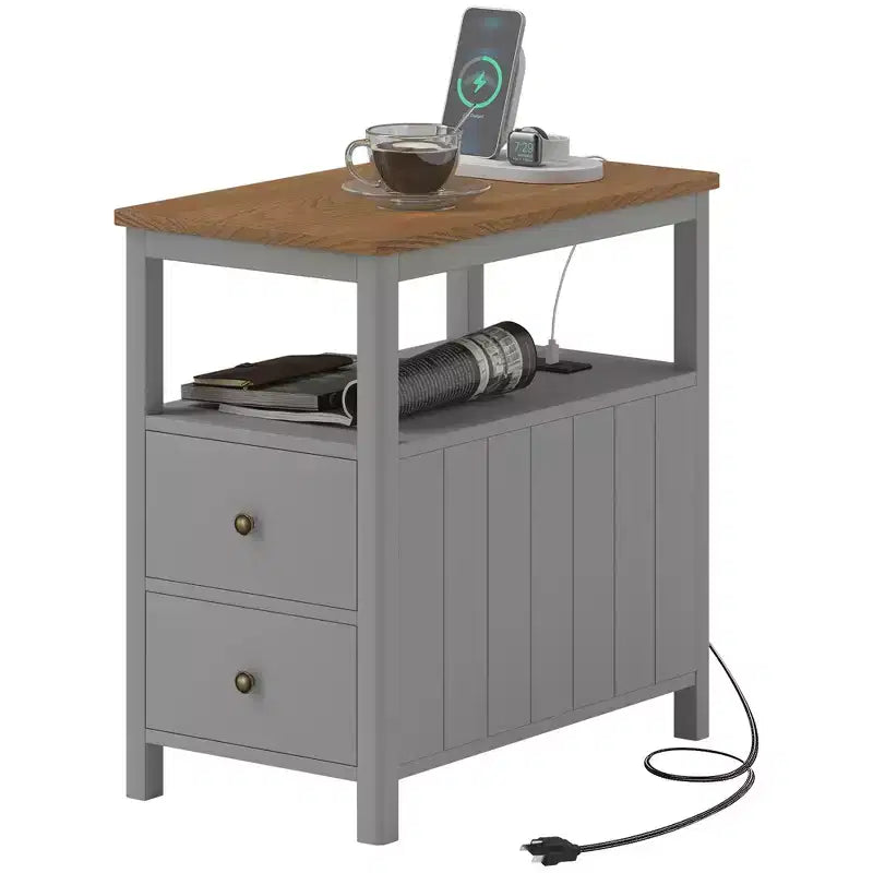 Side Table with Charging Station and USB Ports, Narrow End Table with Drawers, Shelf for Living Room