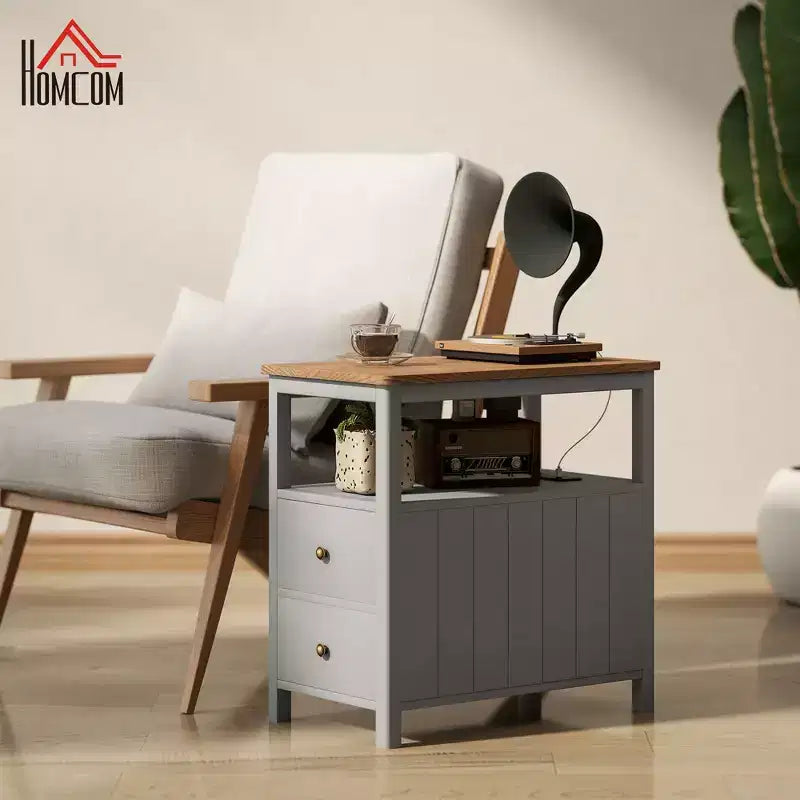 Table d'appoint avec station de recharge et ports USB, Table de chevet étroite avec tiroirs, Étagère pour salon