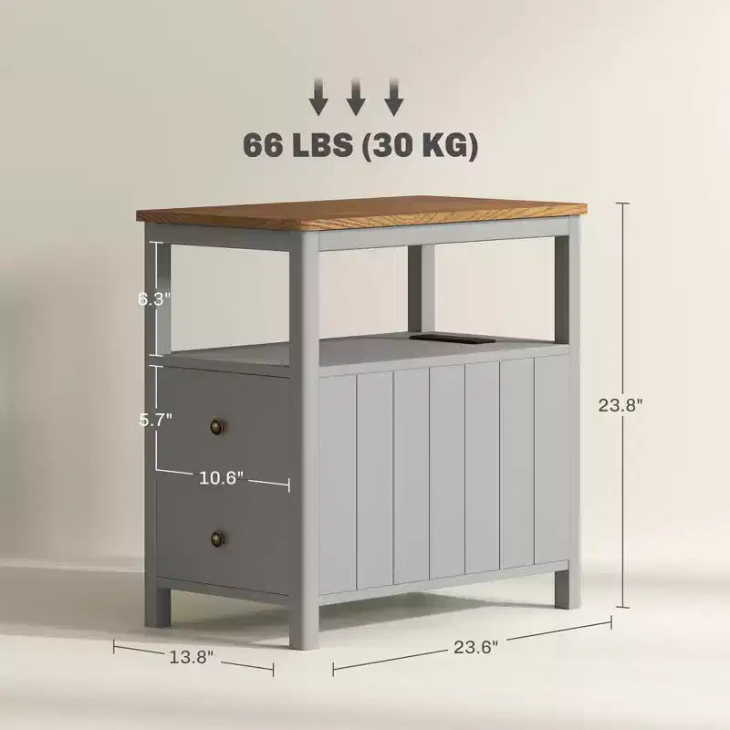 Table d'appoint avec station de recharge et ports USB, Table de chevet étroite avec tiroirs, Étagère pour salon