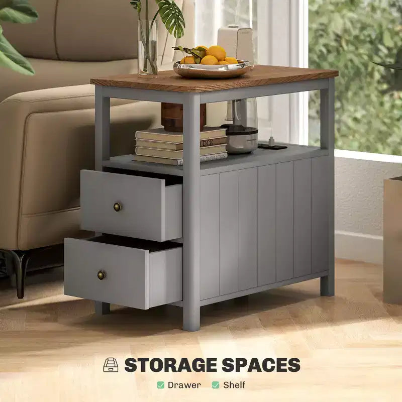 Table d'appoint avec station de recharge et ports USB, Table de chevet étroite avec tiroirs, Étagère pour salon