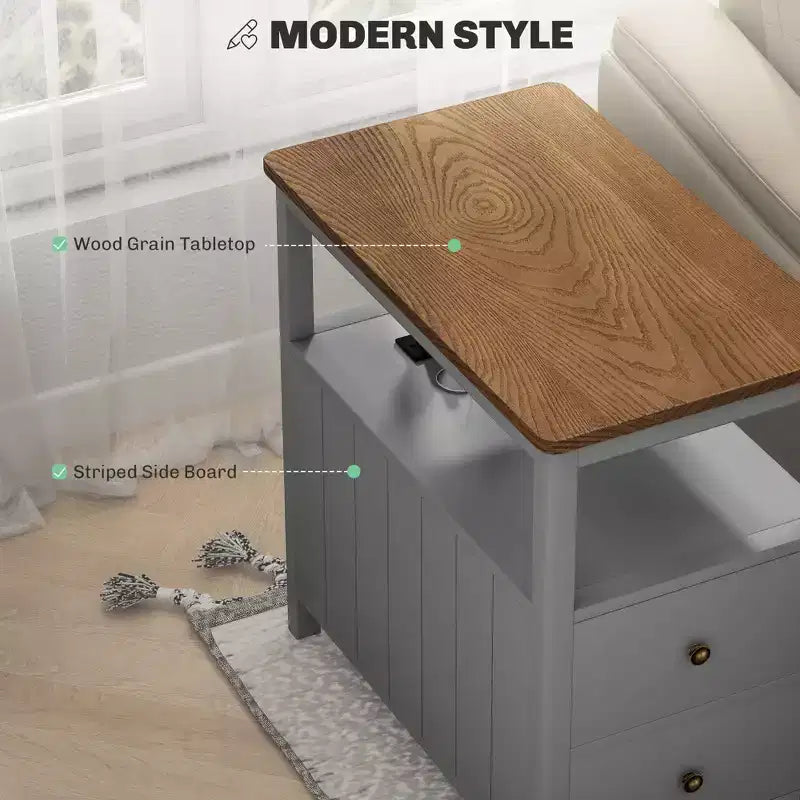 Table d'appoint avec station de recharge et ports USB, Table de chevet étroite avec tiroirs, Étagère pour salon