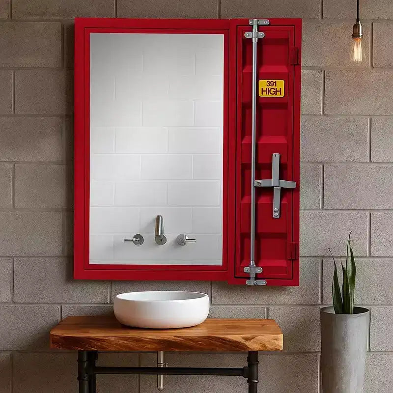 Miroir de courtoisie en métal de style Royal Hampton avec rangement encastré dans la porte, rouge