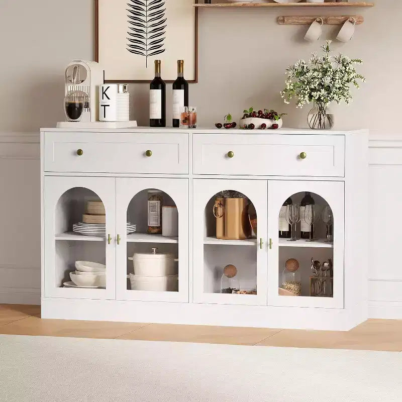 Buffet de 55 pouces de large avec 4 portes en acrylique et 2 tiroirs, meuble de rangement de cuisine de style ferme, table console en bois pour le bureau à domicile