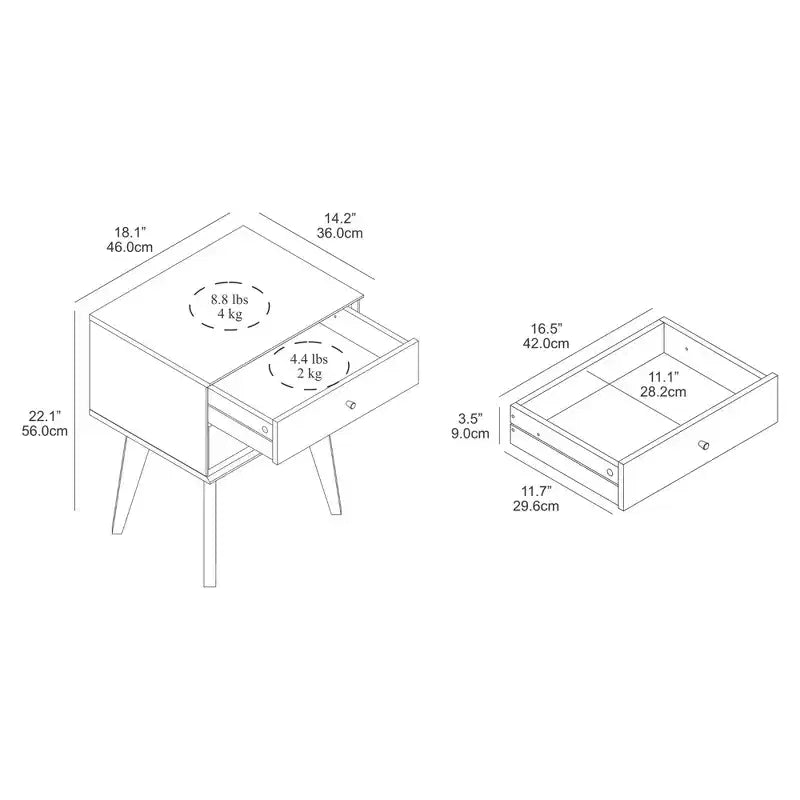 Table de chevet Galano à 2 tiroirs avec pieds inclinés 46 larg. x 36 prof. x 56 haut. (cm)