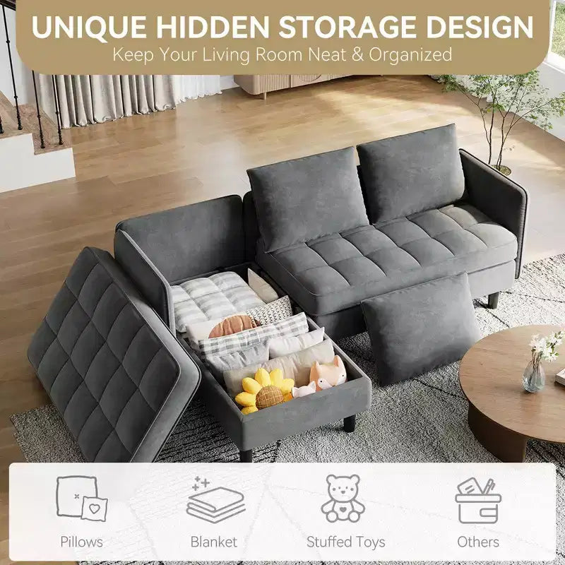 Canapé d'angle en L avec rangement, modulaire 4 places de 191,7 cm avec assises profondes et coussins moelleux, canapé en tissu chenille pour petits espaces