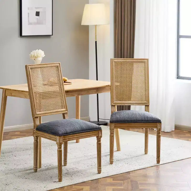 Lot de 2 chaises de salle à manger style campagne française avec dossier en rotin et assise rembourrée, chaises sans accoudoir en bois massif pour salle à manger ou cuisine-Panipeachy