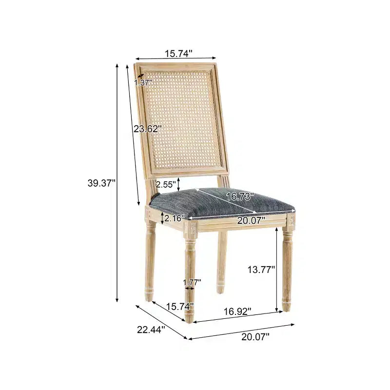Lot de 2 chaises de salle à manger style campagne française avec dossier en rotin et assise rembourrée, chaises sans accoudoir en bois massif pour salle à manger ou cuisine-Panipeachy