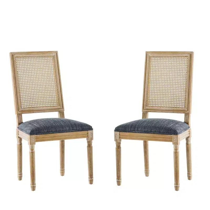 Lot de 2 chaises de salle à manger style campagne française avec dossier en rotin et assise rembourrée, chaises sans accoudoir en bois massif pour salle à manger ou cuisine-Panipeachy