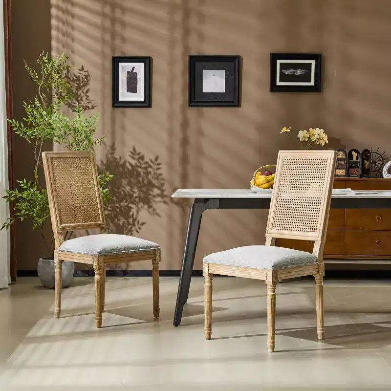Lot de 2 chaises de salle à manger style campagne française avec dossier en rotin et assise rembourrée, chaises sans accoudoir en bois massif pour salle à manger ou cuisine-Panipeachy