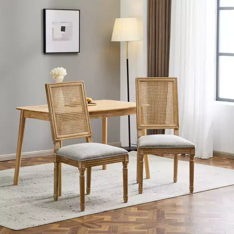 Lot de 2 chaises de salle à manger style campagne française avec dossier en rotin et assise rembourrée, chaises sans accoudoir en bois massif pour salle à manger ou cuisine-Panipeachy