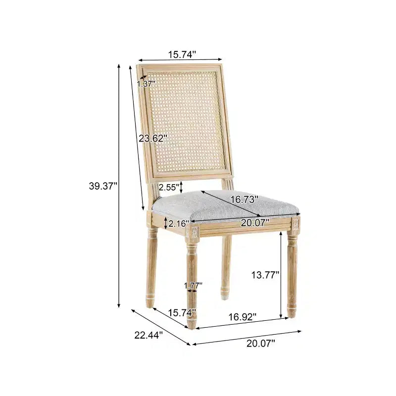 Lot de 2 chaises de salle à manger style campagne française avec dossier en rotin et assise rembourrée, chaises sans accoudoir en bois massif pour salle à manger ou cuisine-Panipeachy
