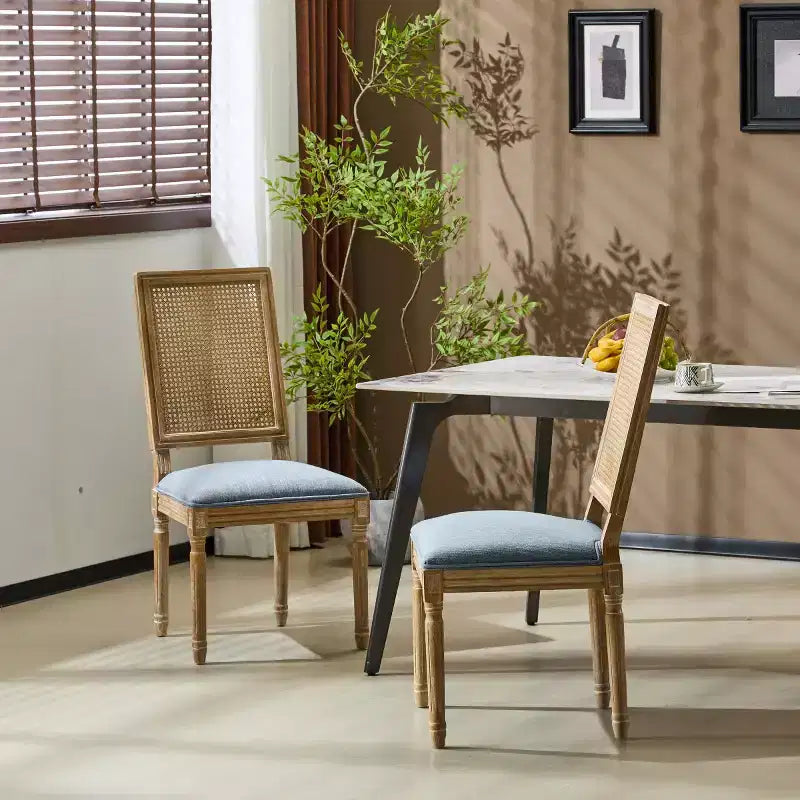 Lot de 2 chaises de salle à manger style campagne française avec dossier en rotin et assise rembourrée, chaises sans accoudoir en bois massif pour salle à manger ou cuisine-Panipeachy