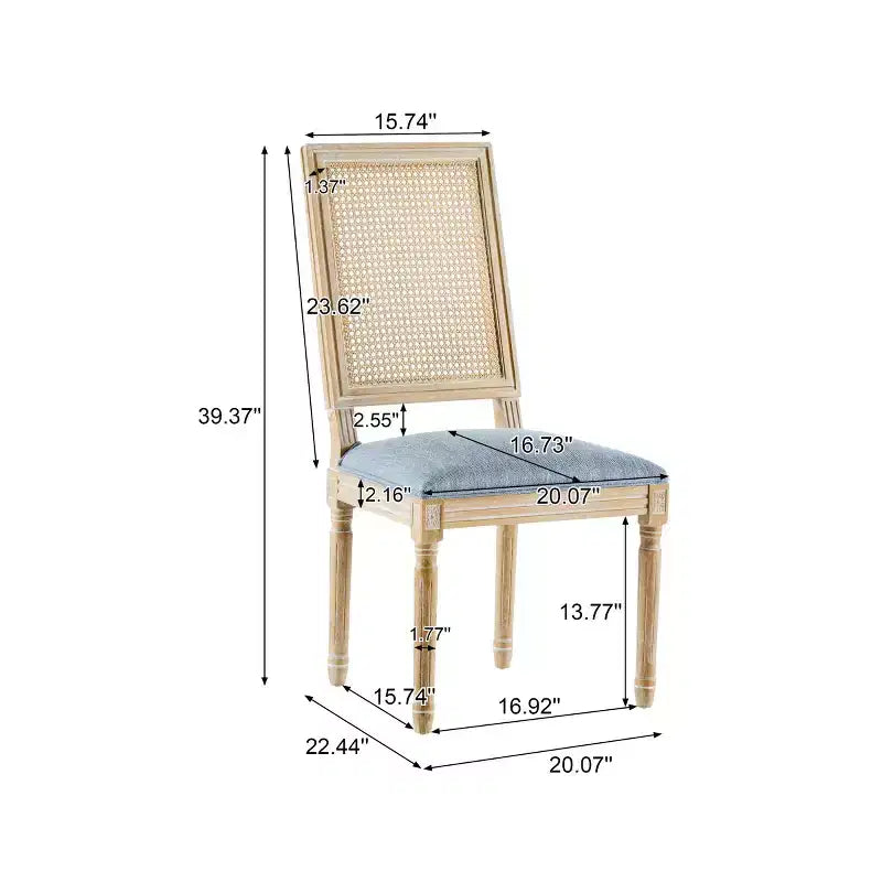 Lot de 2 chaises de salle à manger style campagne française avec dossier en rotin et assise rembourrée, chaises sans accoudoir en bois massif pour salle à manger ou cuisine-Panipeachy
