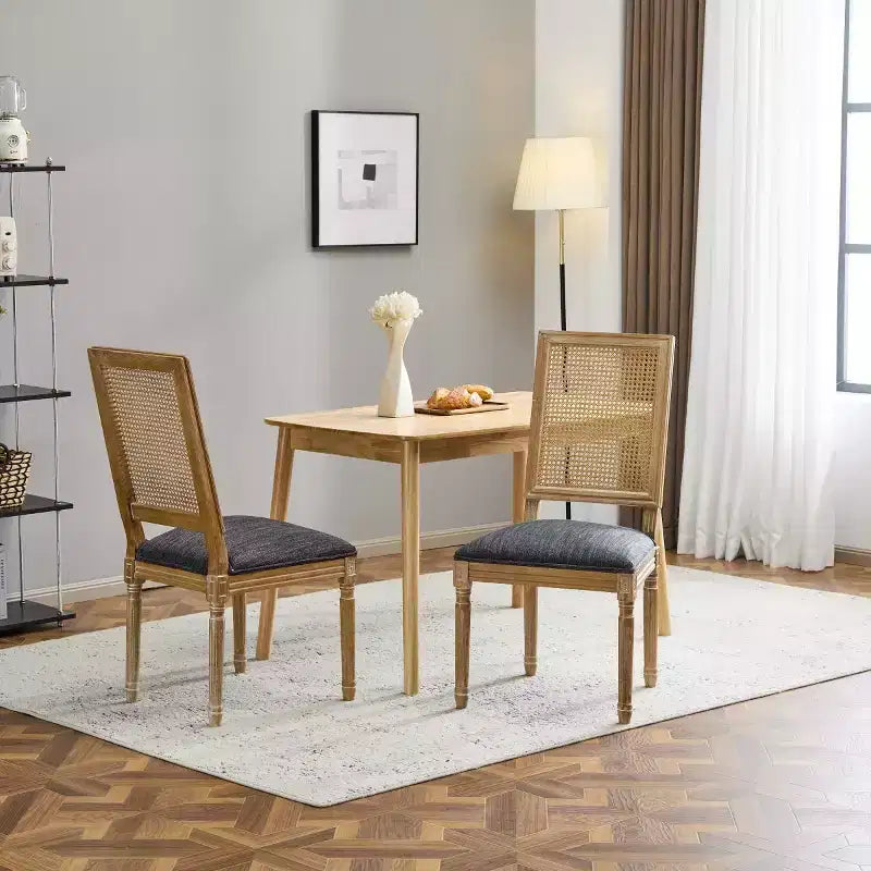 Lot de 2 chaises de salle à manger style campagne française avec dossier en rotin et assise rembourrée, chaises sans accoudoir en bois massif pour salle à manger ou cuisine-Panipeachy