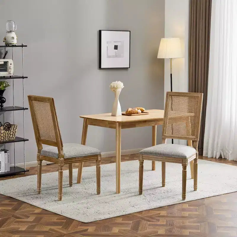 Lot de 2 chaises de salle à manger style campagne française avec dossier en rotin et assise rembourrée, chaises sans accoudoir en bois massif pour salle à manger ou cuisine-Panipeachy