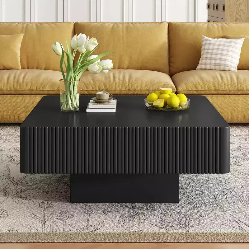 Wood Fluted Coffee Table, Modern Drum End Table, Square Center Table with Sturdy Base for Living Room