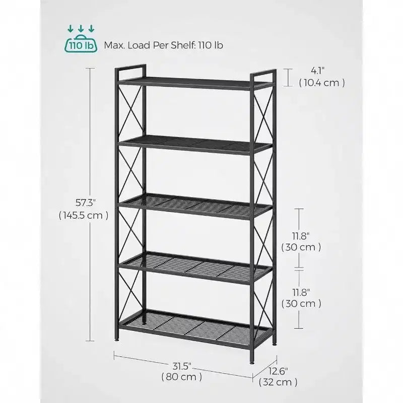 Étagère de rangement métallique à 5 niveaux, montants latéraux en X, grille dense, 32 x 80 x 145,5 cm, pour entrée, cuisine, salon, salle de bain