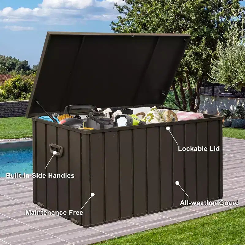 Coffre de rangement extérieur, Grand coffre de rangement de terrasse en résine pour coussins d'extérieur, outils de jardinage et accessoires de piscine, Étanche, Verrouillable