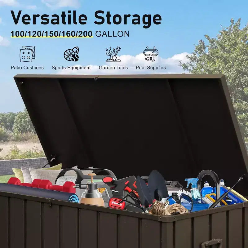 Coffre de rangement extérieur, Grand coffre de rangement de terrasse en résine pour coussins d'extérieur, outils de jardinage et accessoires de piscine, Étanche, Verrouillable