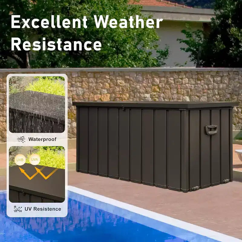 Coffre de rangement extérieur, Grand coffre de rangement de terrasse en résine pour coussins d'extérieur, outils de jardinage et accessoires de piscine, Étanche, Verrouillable