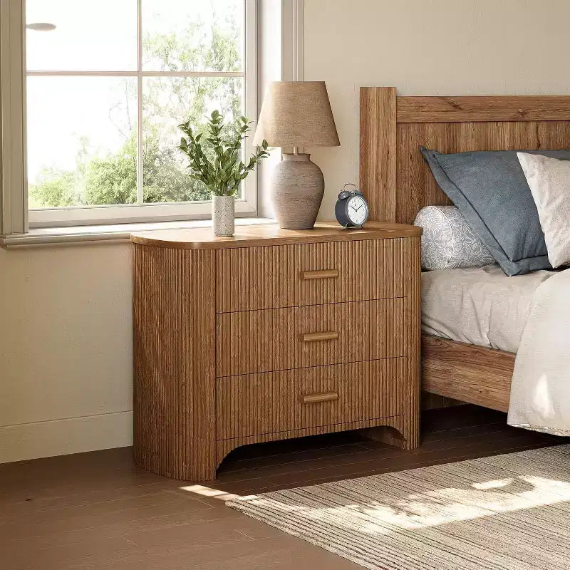 Tribesigns Wide Nightstand with 3 Drawers, Modern Oversized Bedside Table for Bedroom, with Fluted Striped Panel & Closed Back, Deep Brown