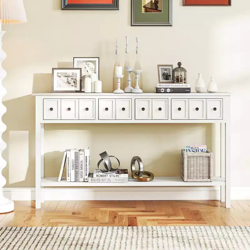 Costway Table Console Étroite 152 cm avec 4 Tiroirs et Étagère de Rangement Ouverte, Kit Anti-Basculement