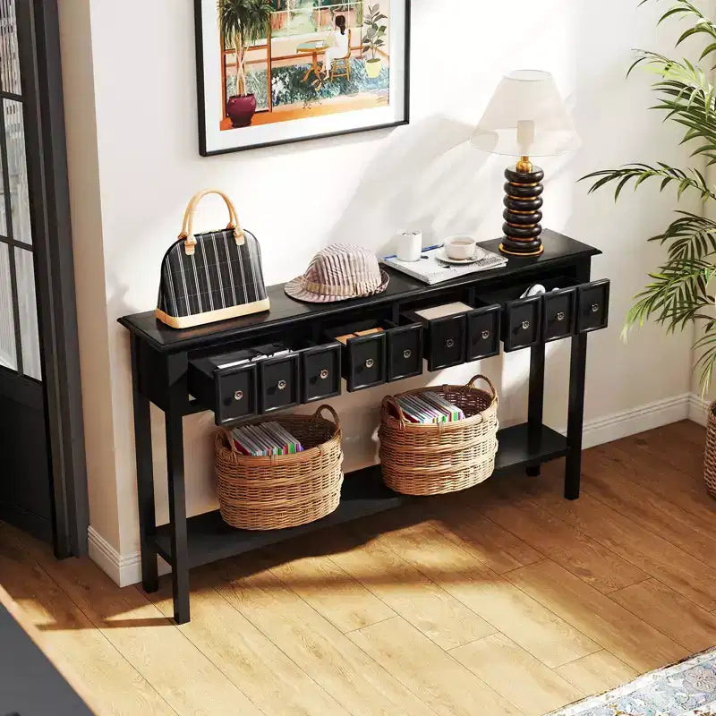 Costway Table Console Étroite 152 cm avec 4 Tiroirs et Étagère de Rangement Ouverte, Kit Anti-Basculement