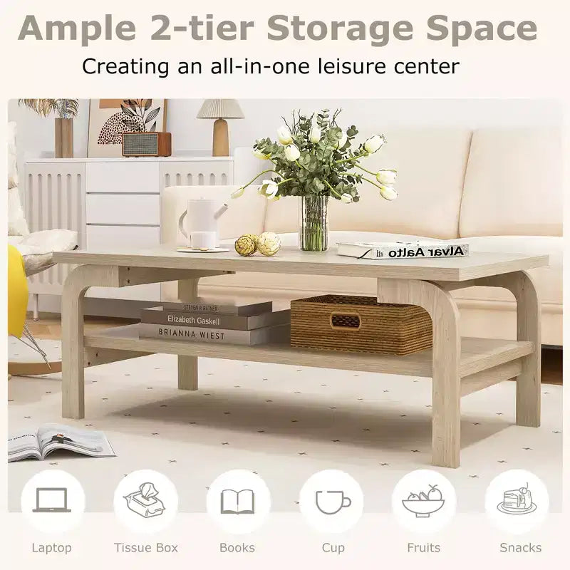Table basse rectangulaire Costway de 120 cm avec étagère de rangement et pieds incurvés pour salon