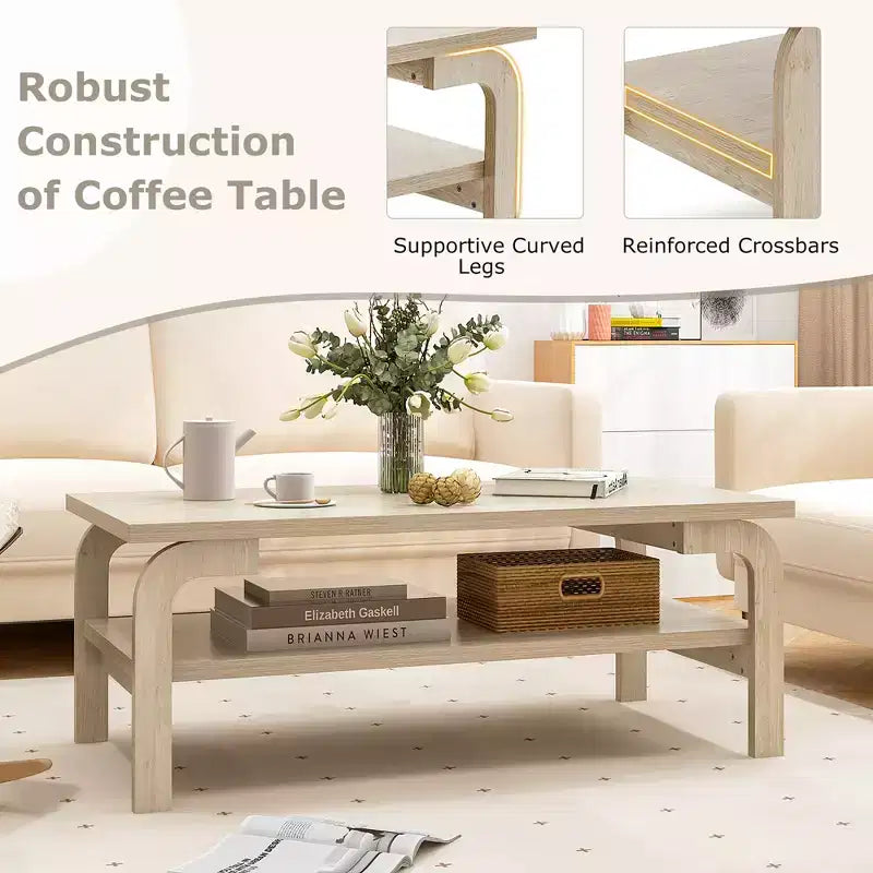 Table basse rectangulaire Costway de 120 cm avec étagère de rangement et pieds incurvés pour salon