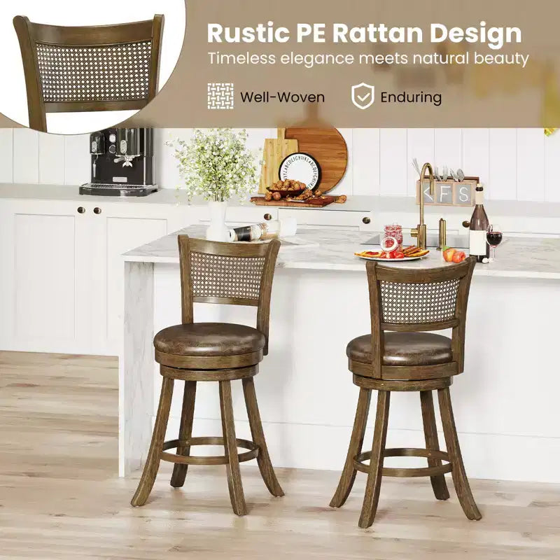 Costway Lot de 2 tabourets de bar pivotants à hauteur de comptoir avec dossier en rotin PE 25 po