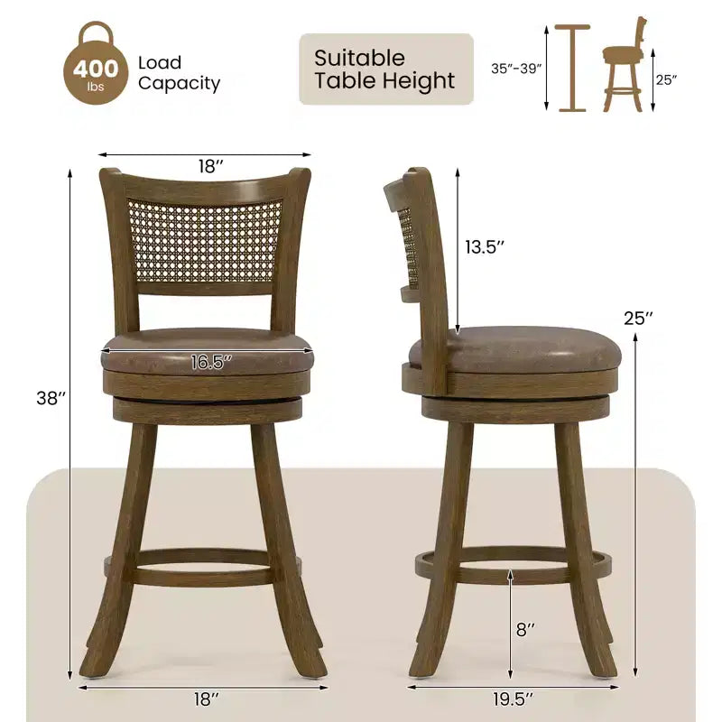 Costway Lot de 2 tabourets de bar pivotants à hauteur de comptoir avec dossier en rotin PE 25 po