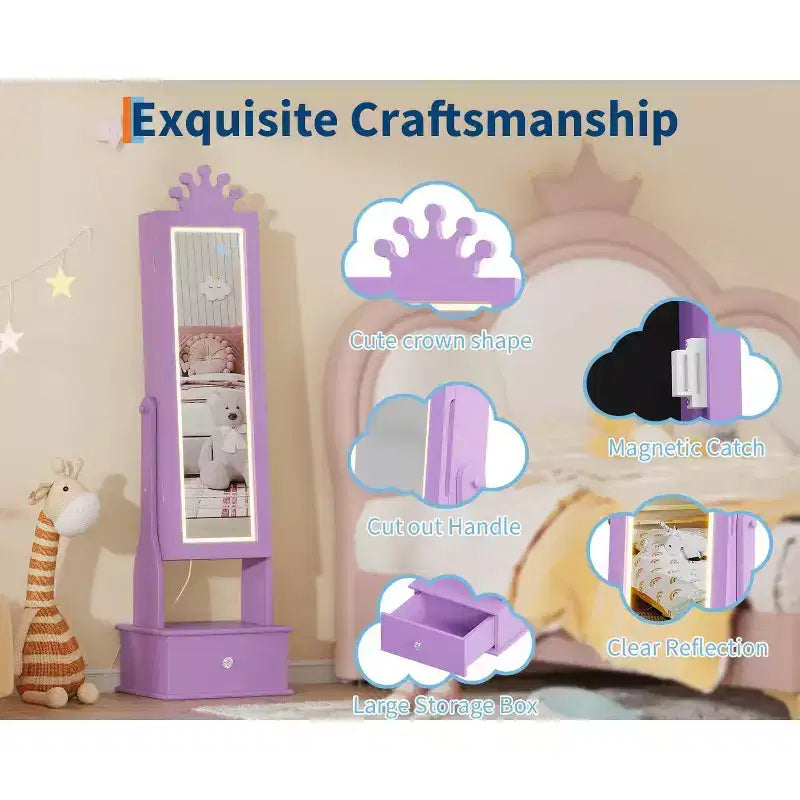 Garvee Armoire à bijoux pour enfants avec miroir pleine longueur, armoire à bijoux de 46 cm avec 3 tiroirs de rangement, miroir de coiffeuse pour enfants, armoire à bijoux