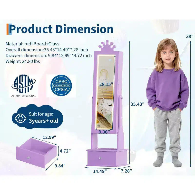 Garvee Armoire à bijoux pour enfants avec miroir pleine longueur, armoire à bijoux de 46 cm avec 3 tiroirs de rangement, miroir de coiffeuse pour enfants, armoire à bijoux