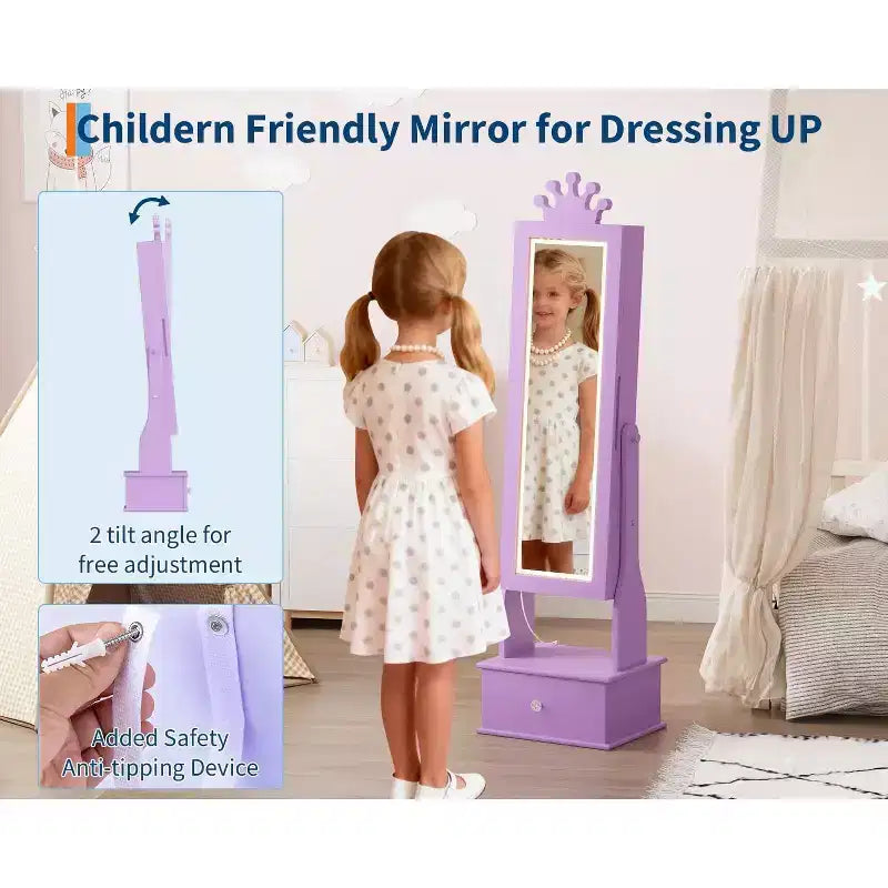 Garvee Armoire à bijoux pour enfants avec miroir pleine longueur, armoire à bijoux de 46 cm avec 3 tiroirs de rangement, miroir de coiffeuse pour enfants, armoire à bijoux
