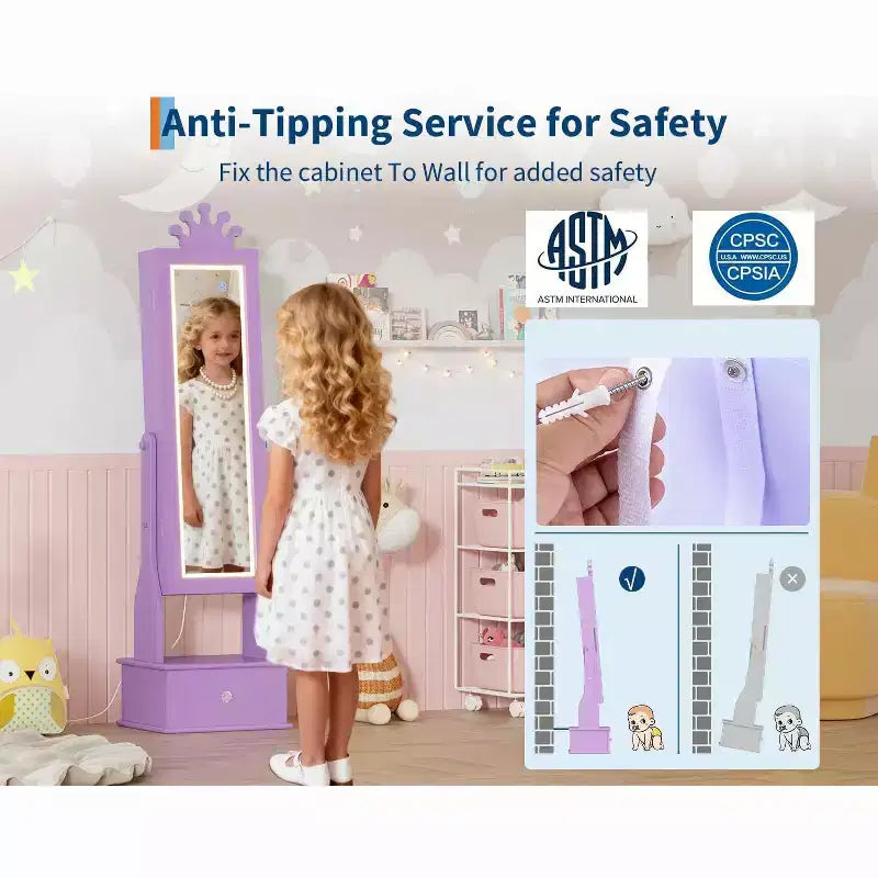 Garvee Armoire à bijoux pour enfants avec miroir pleine longueur, armoire à bijoux de 46 cm avec 3 tiroirs de rangement, miroir de coiffeuse pour enfants, armoire à bijoux