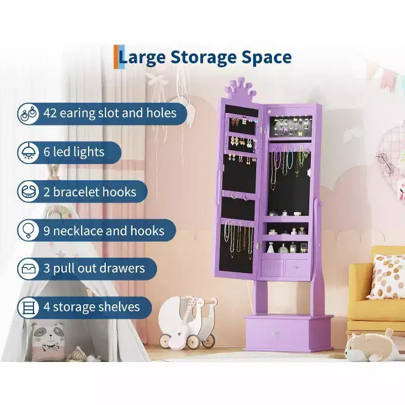 Garvee Armoire à bijoux pour enfants avec miroir pleine longueur, armoire à bijoux de 46 cm avec 3 tiroirs de rangement, miroir de coiffeuse pour enfants, armoire à bijoux