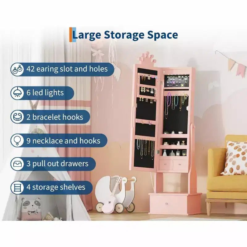 Garvee Armoire à bijoux pour enfants avec miroir pleine longueur, armoire à bijoux de 46 cm avec 3 tiroirs de rangement, miroir de coiffeuse pour enfants, armoire à bijoux