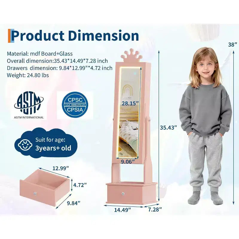 Garvee Armoire à bijoux pour enfants avec miroir pleine longueur, armoire à bijoux de 46 cm avec 3 tiroirs de rangement, miroir de coiffeuse pour enfants, armoire à bijoux