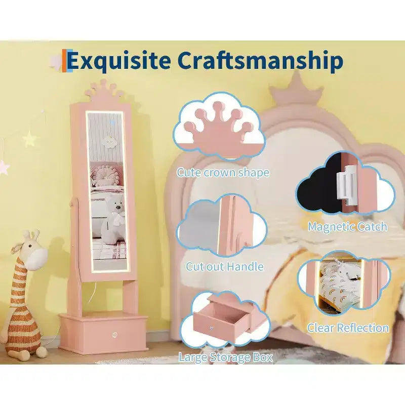 Garvee Armoire à bijoux pour enfants avec miroir pleine longueur, armoire à bijoux de 46 cm avec 3 tiroirs de rangement, miroir de coiffeuse pour enfants, armoire à bijoux