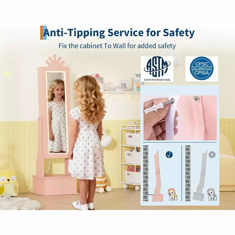 Garvee Armoire à bijoux pour enfants avec miroir pleine longueur, armoire à bijoux de 46 cm avec 3 tiroirs de rangement, miroir de coiffeuse pour enfants, armoire à bijoux