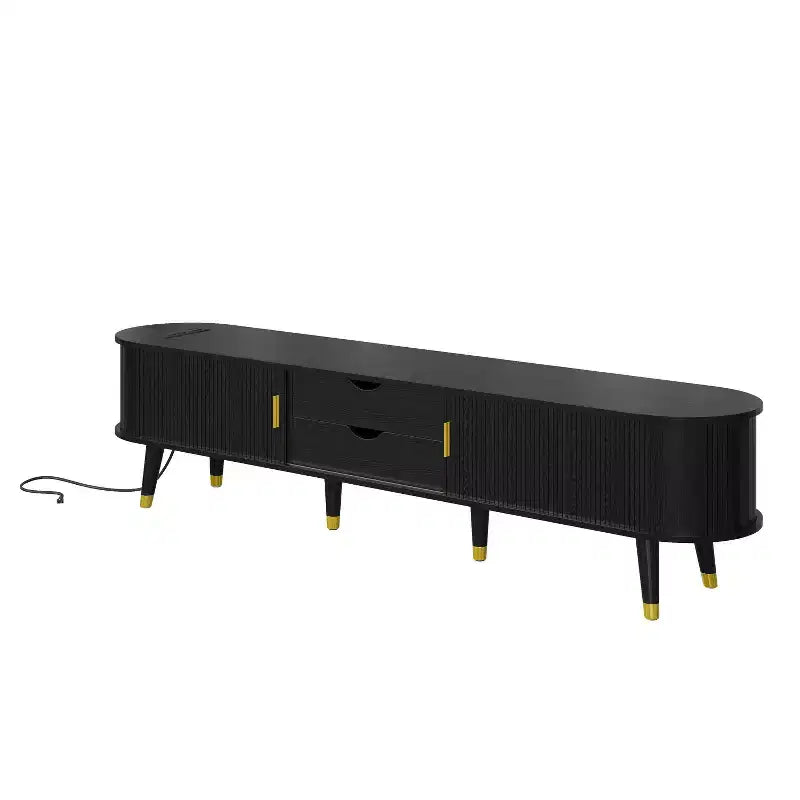 Meuble TV en bois avec porte tambour coulissante pour téléviseur de 80 pouces, meuble de rangement TV cannelé avec poignée dorée, console de meuble TV ovale